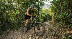 Handling a forest trail with a reliable electric bike for mixed terrain
