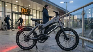 Highlighting safety lights and reflectors on an electric bike for train station commute.