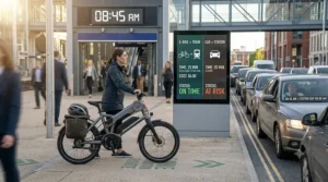 Infographic comparing time saved using an electric bike for train station commute vs driving.