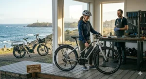 An electric bike for coastal areas equipped with a heavy-duty cargo basket for carrying beach gear and groceries.