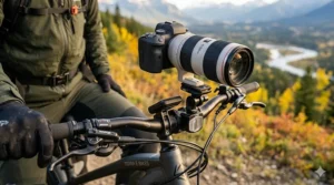 Close-up of a sturdy camera mount attached to the handlebars of an electric bike.
