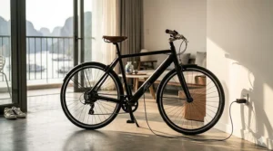 A clean charging setup for an electric bike that doesn't look electric in a modern apartment.