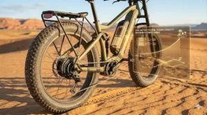 Illustration showing extended battery range on an electric bike for desert exploration.