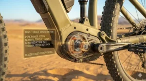 Diagram highlighting the high-torque motor of an electric bike for desert climbing.
