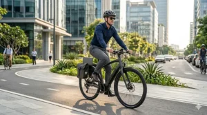 A professional commuter riding an electric bike for flat terrain through a modern, flat urban business district.