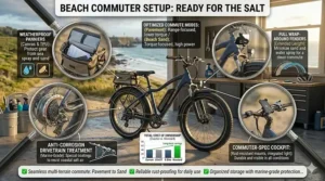 An example of a well-equipped electric bike for coastal areas featuring weatherproof panniers and fenders for a comfortable seaside commute.