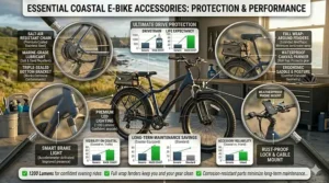 A collection of must-have accessories like rust-proof locks and waterproof phone mounts for an electric bike for coastal areas.