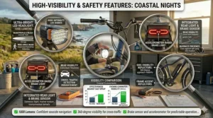 Close-up of bright LED lighting and reflective safety gear integrated into a high-visibility electric bike for coastal areas for evening oceanfront rides.