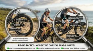 A graphic showing proper tire pressure and riding technique for an electric bike for coastal areas when navigating sandy paths or dunes.