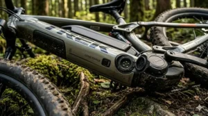 Long-range battery detail on a modern electric bike for forest trails.