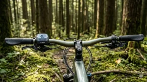 Ergonomic handlebars and controls on an electric bike for forest trails.