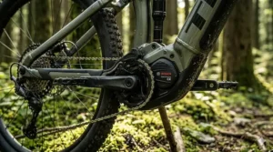 Powerful mid-drive motor on an electric bike for forest trails.