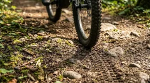 Close-up of a mountain electric bike suspension system for forest trails.