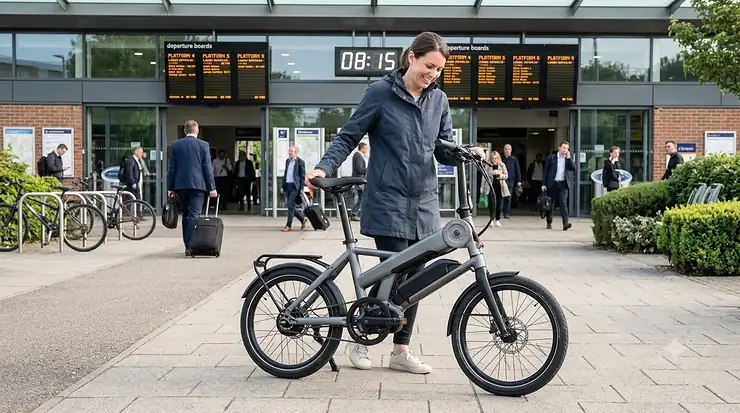 Person riding a sleek electric bike for a train station commute on a sunny morning.