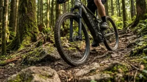 Cyclist using an electric bike for forest trails to climb a steep hill.