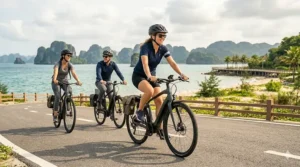 A group of three friends riding their electric bikes for flat terrain together along a beautiful coastal pathway.