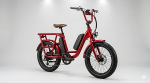 A bright glossy red electric bike frame design.