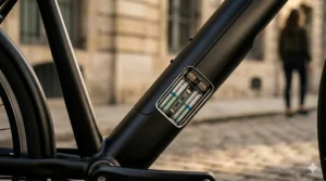 Close-up of a slim bike frame showing an integrated battery for an electric bike that doesn't look electric.