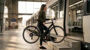 A person easily lifting a lightweight electric bike that doesn't look electric onto a train.