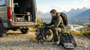 A compact, lightweight electric bike folded for transport, ideal for travel photographers.