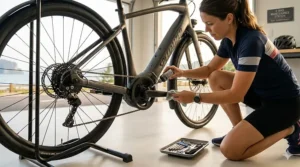 A person performing routine chain maintenance on their electric bike for flat terrain using a professional bike stand.