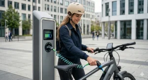 A rider charging their modern design electric bike at a public urban charging station.
