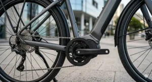A detailed view focusing on the precision mid-drive motor of a modern design electric bike.