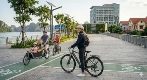 A group of cyclists with a modern design electric bike on a sunny pedestrian bridge.