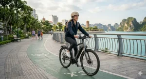 A scenic view of a cyclist on a modern design electric bike riding along a seaside bike path.
