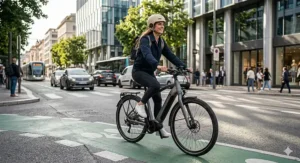 A cyclist riding a modern design electric bike through a busy, bustling city street.