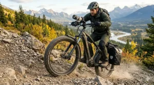 An off-road electric bike navigating a rugged trail, perfect for reaching remote wildlife photography spots.