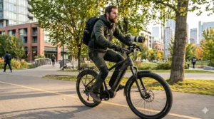A city photographer riding an electric bike through an urban environment with a camera backpack.