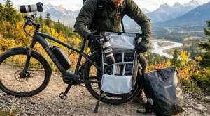 A photographer packing lenses and a tripod into weather-resistant panniers on an e-bike.