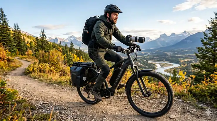 A landscape photographer riding an electric bike with camera gear mounted on a rear rack in a forest. electric bike for photography