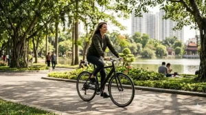A cyclist riding a stylish electric bike that doesn't look electric through a busy urban park.