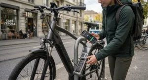 Person unlocking a commuter ebike via smartphone app for anti-theft security.