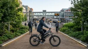 Commuter riding an electric bike for train station commute through city streets toward a station.