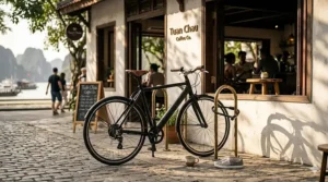 A sleek, modern electric bike that doesn't look electric locked outside a local coffee shop.