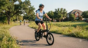 A happy rider enjoying a weekend ride on an affordable folding electric bike under $1000 on a paved suburban bike trail.