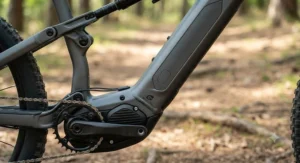 Close-up of the integrated downtube battery and mid-drive motor on an affordable full suspension emtb under $3000.