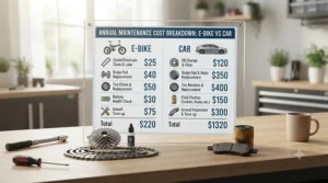 Diagram comparing recurring maintenance expenses for electric bikes and cars.