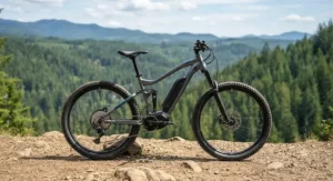 Side view of a budget-friendly full suspension electric mountain bike parked on a scenic ridge overlooking a forest.
