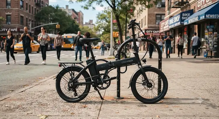 A sleek, compact folding ebike under $1000 parked on a sunny city sidewalk, perfect for urban commuters.