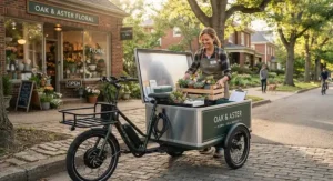 A small business owner loading supplies into an electric cargo trike for businesses to simplify neighborhood deliveries.
