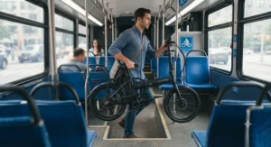 A commuter carrying a folded electric bike under $1000 onto a city bus for multimodal transportation.