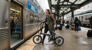 A view of a modern commuter transitioning from a train to their folding ebike for a seamless multimodal trip.
