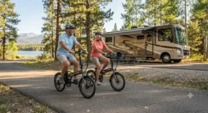 A couple riding folding electric bikes on a paved trail near their parked motorhome