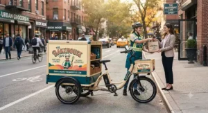A custom-branded electric cargo trike for businesses serving as a mobile advertisement while delivering goods.