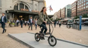 A happy commuter exiting a metropolitan train station after unfolding their ebike for the final mile.