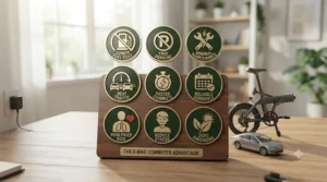 Icon set showing health, financial, and time benefits of electric bike commuting.